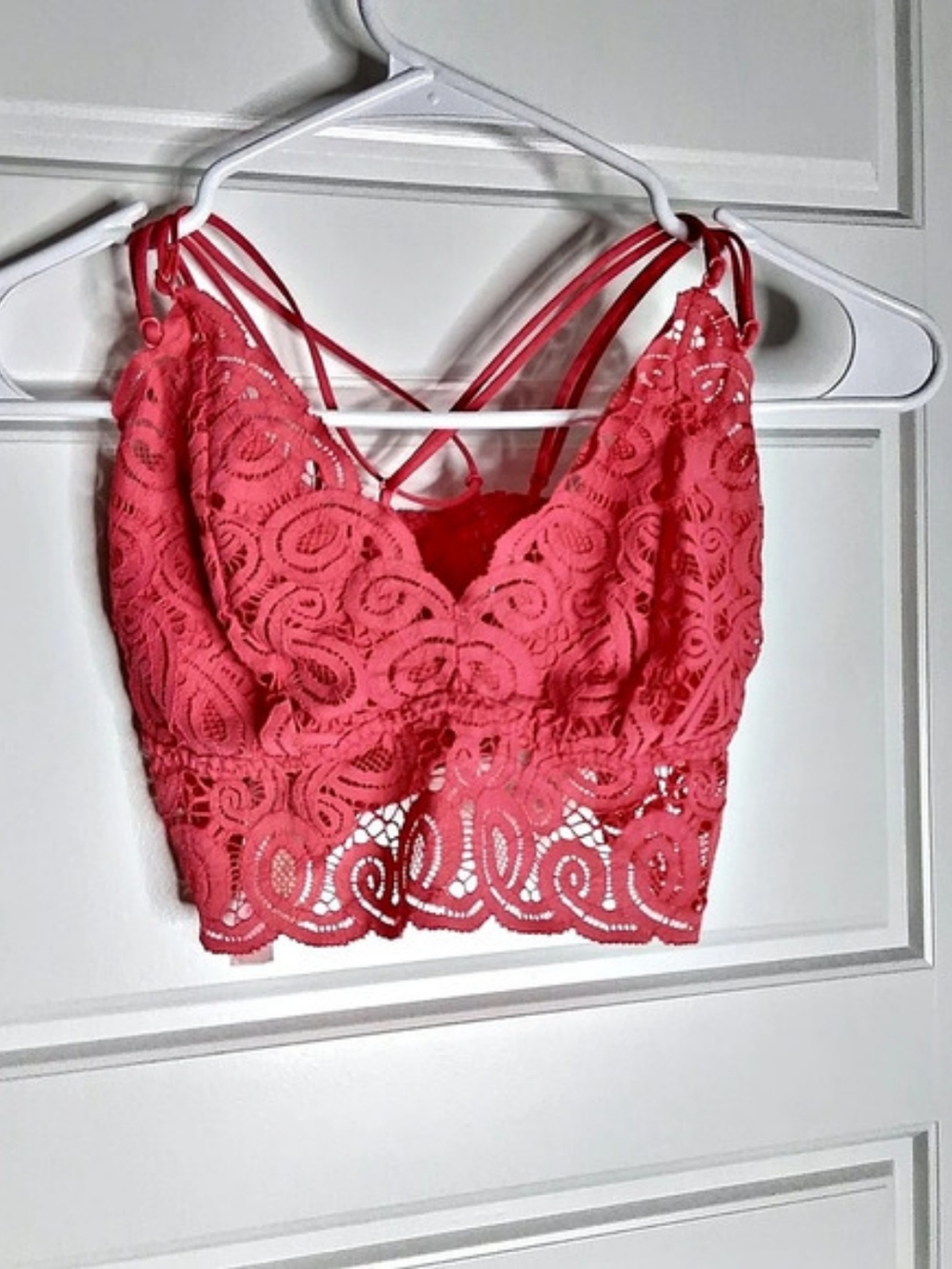 Hot Pink Floral Lace Longline Bralette – Strappy Crop Top